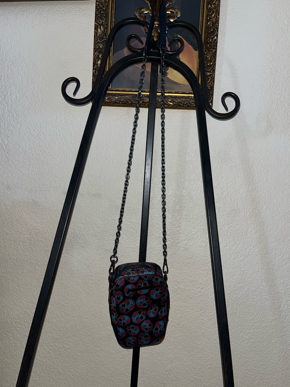 Skull Print Black Crossbody Bag with Chain Strap includes small matching walket